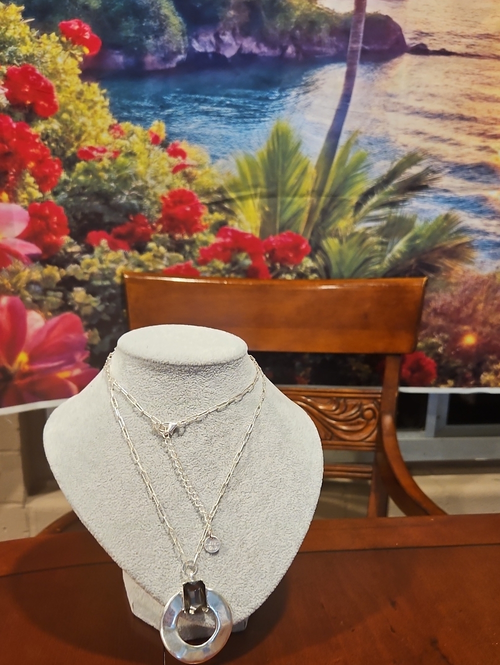 Silver-Tone Pendant Necklace with Smoky Stone